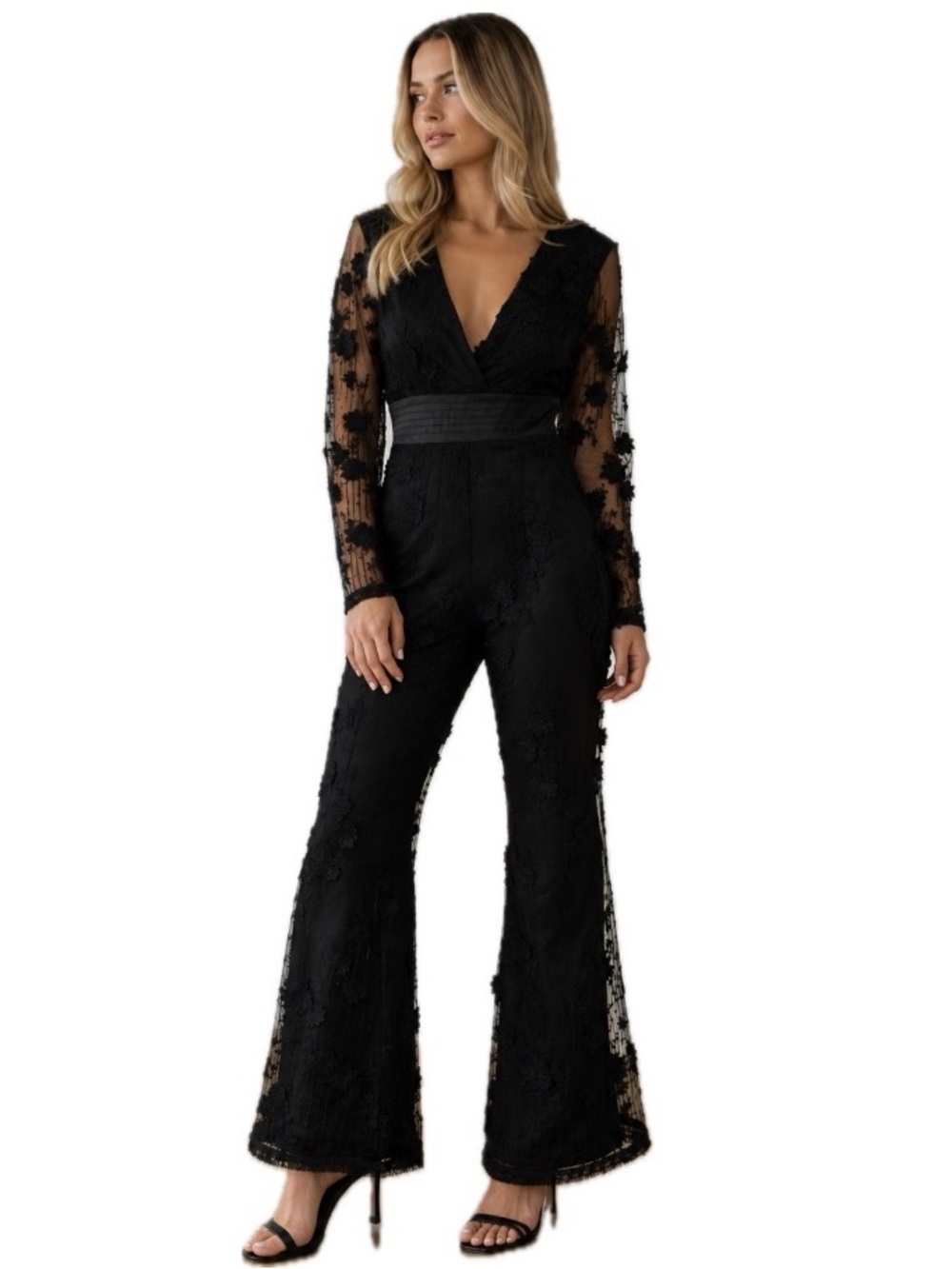 Lulu's, NWT Floral 3d Black Lace V-Neck Long-Sleeve Jumpsuit, Size L
